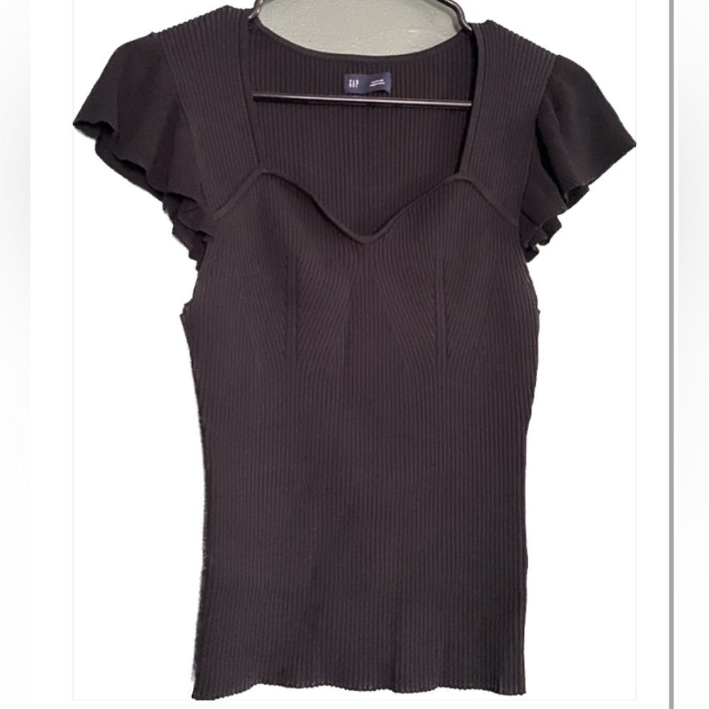 GAP- Flutter Sleeve Corset Blouse shirt sleeve top Black ribbed sweetheart neck
